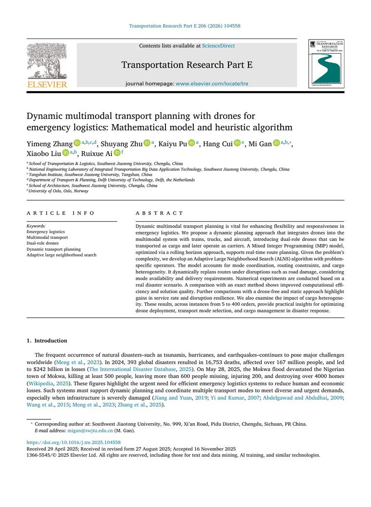 First page of dynamic multimodal drone emergency logistics paper