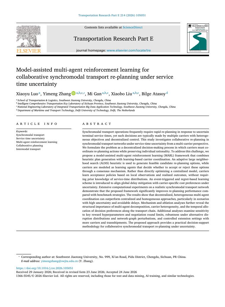 First page of model-assisted multi-agent reinforcement learning synchromodal re-planning paper
